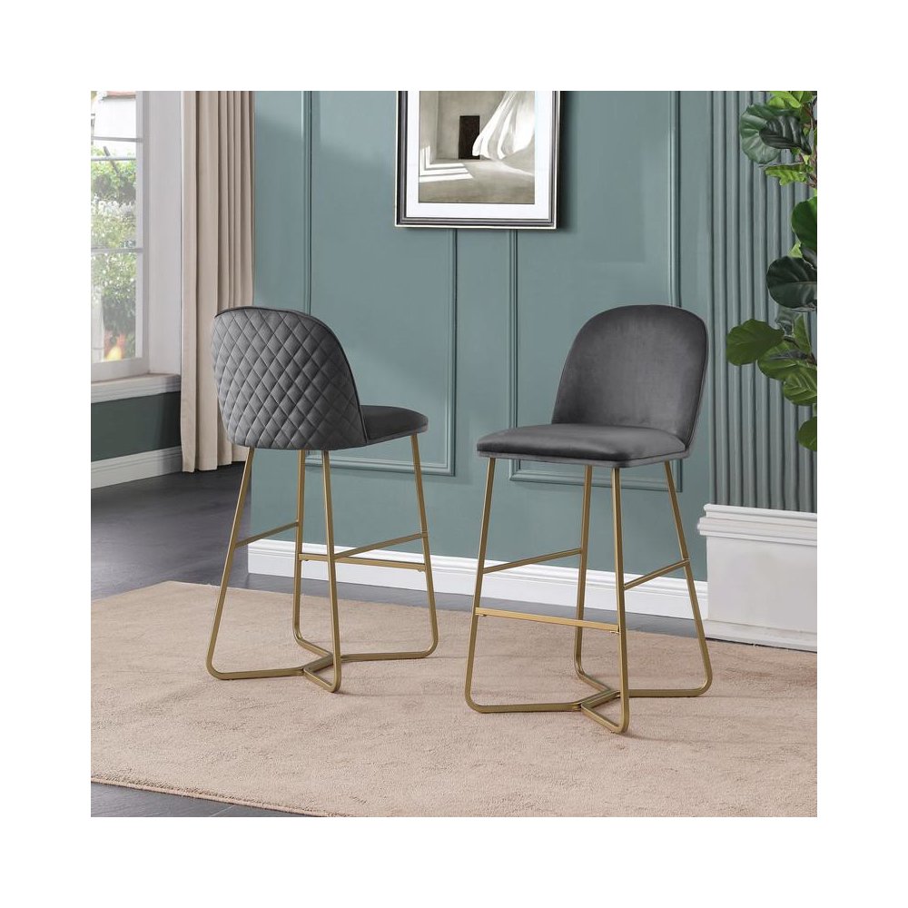29" Dark gray velvet barstool w/ gold color iron base (set of 2). Picture 3