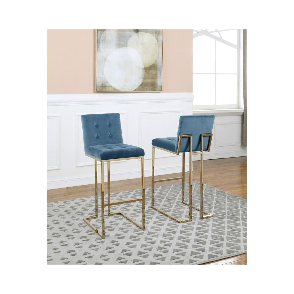 29" Tufted Velvet Upholstered Bar Stool in Teal Blue (Set of 2). Picture 2