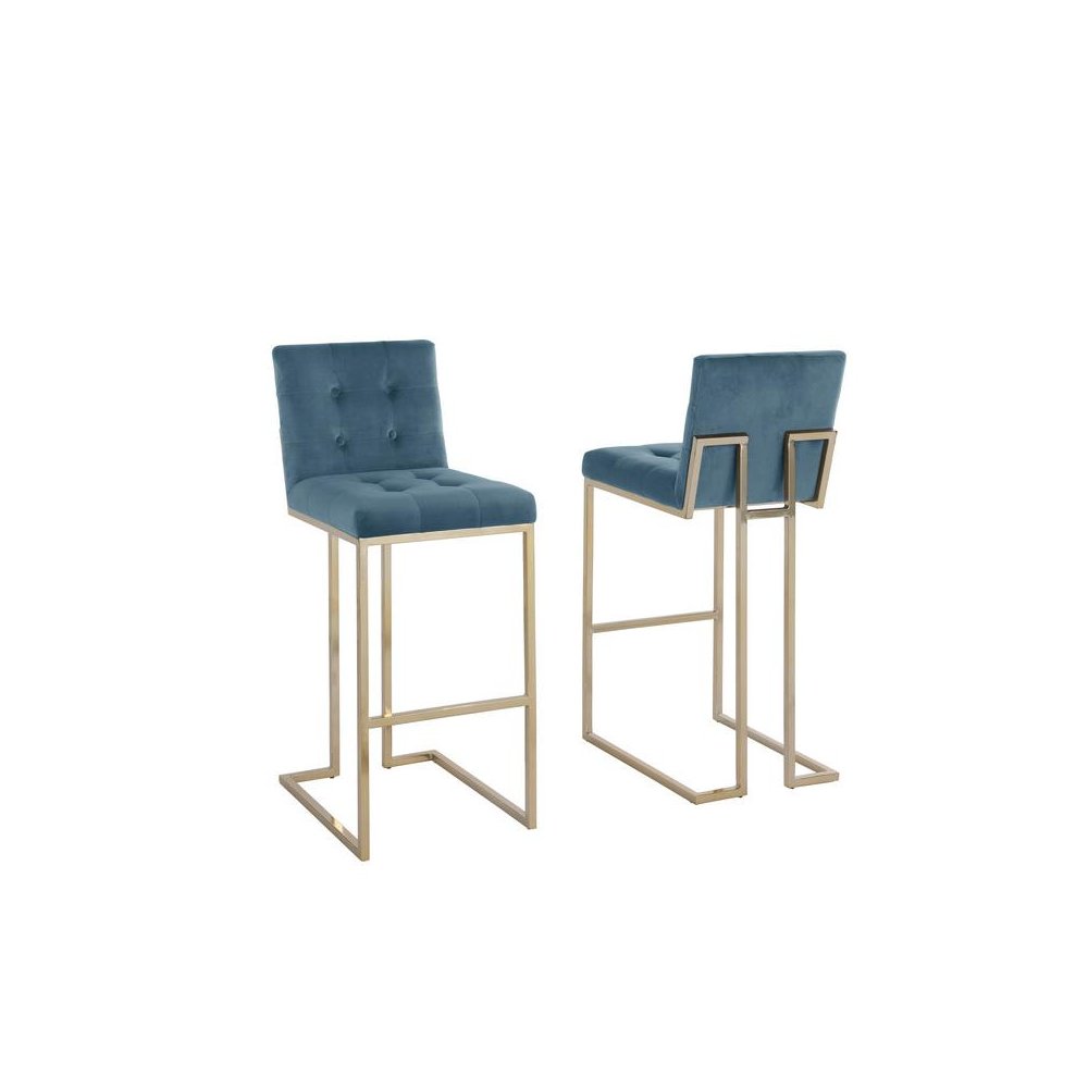29" Tufted Velvet Upholstered Bar Stool in Teal Blue (Set of 2). Picture 1