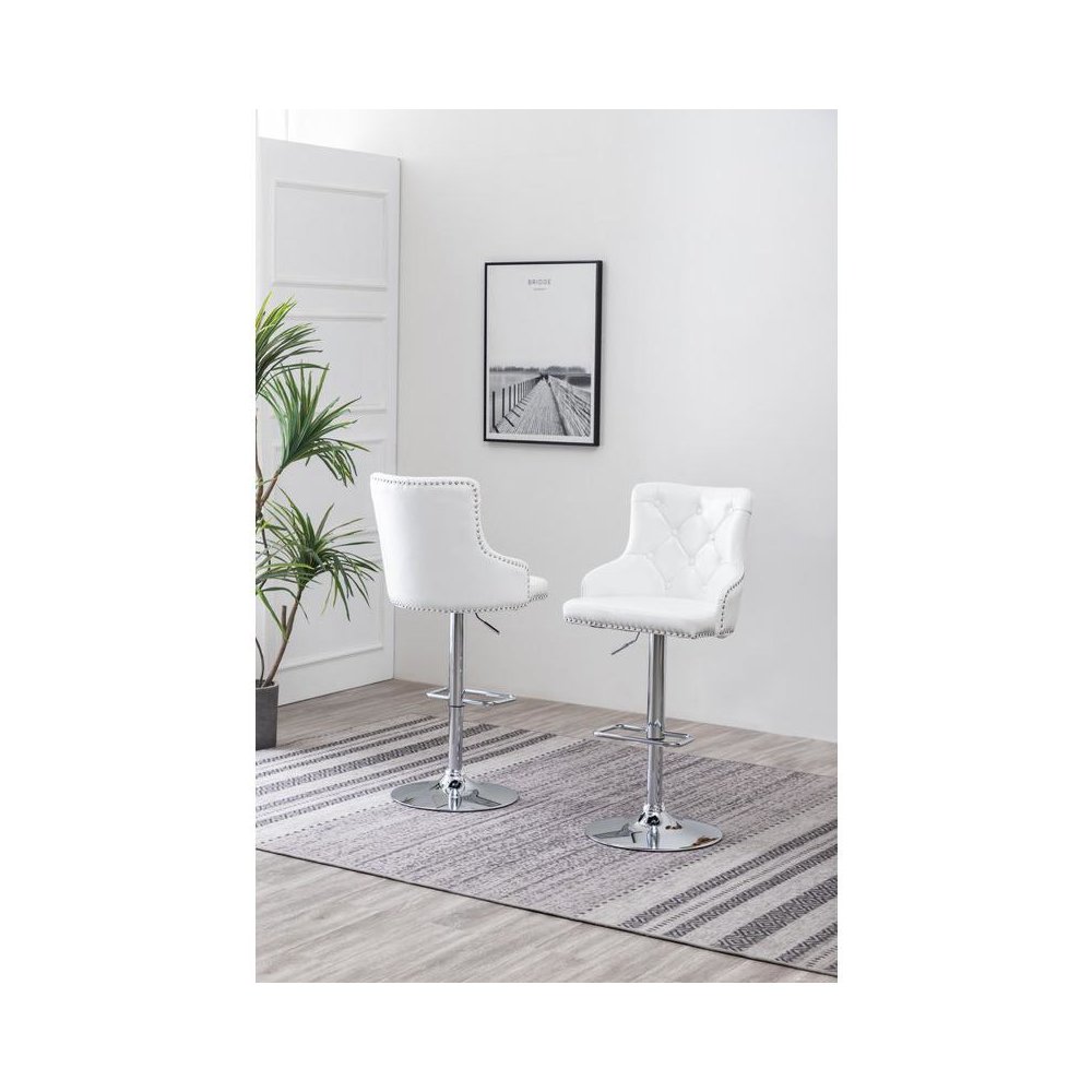 Faux Leather Adjustable Bar Stool in White, Set of 2, White. Picture 2