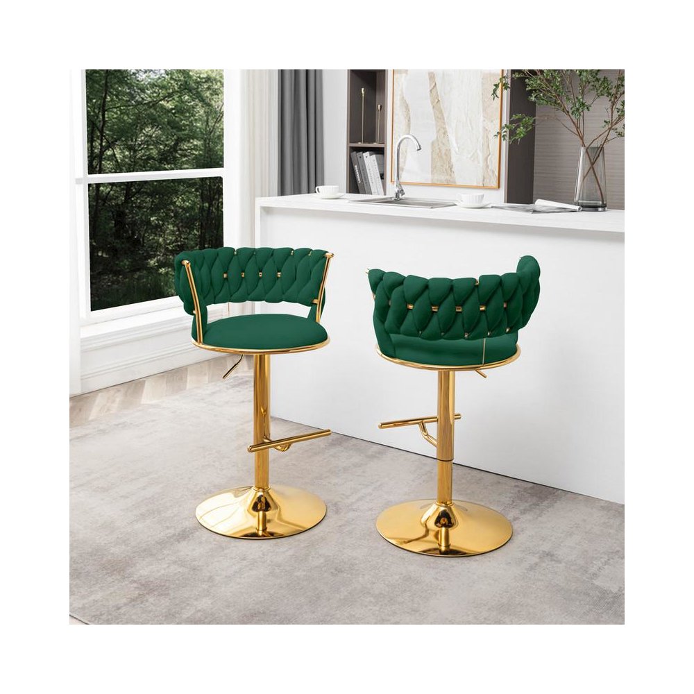 Emerald green adjustable barstool with gold color base (SET OF 2). Picture 3