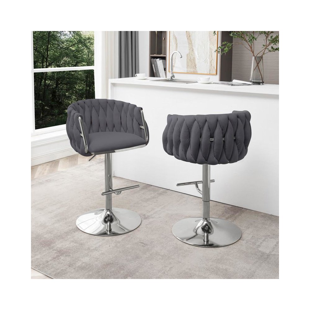 Velvet Upholstered barstool in Dark gray with Silver color base (SET OF 2). Picture 3