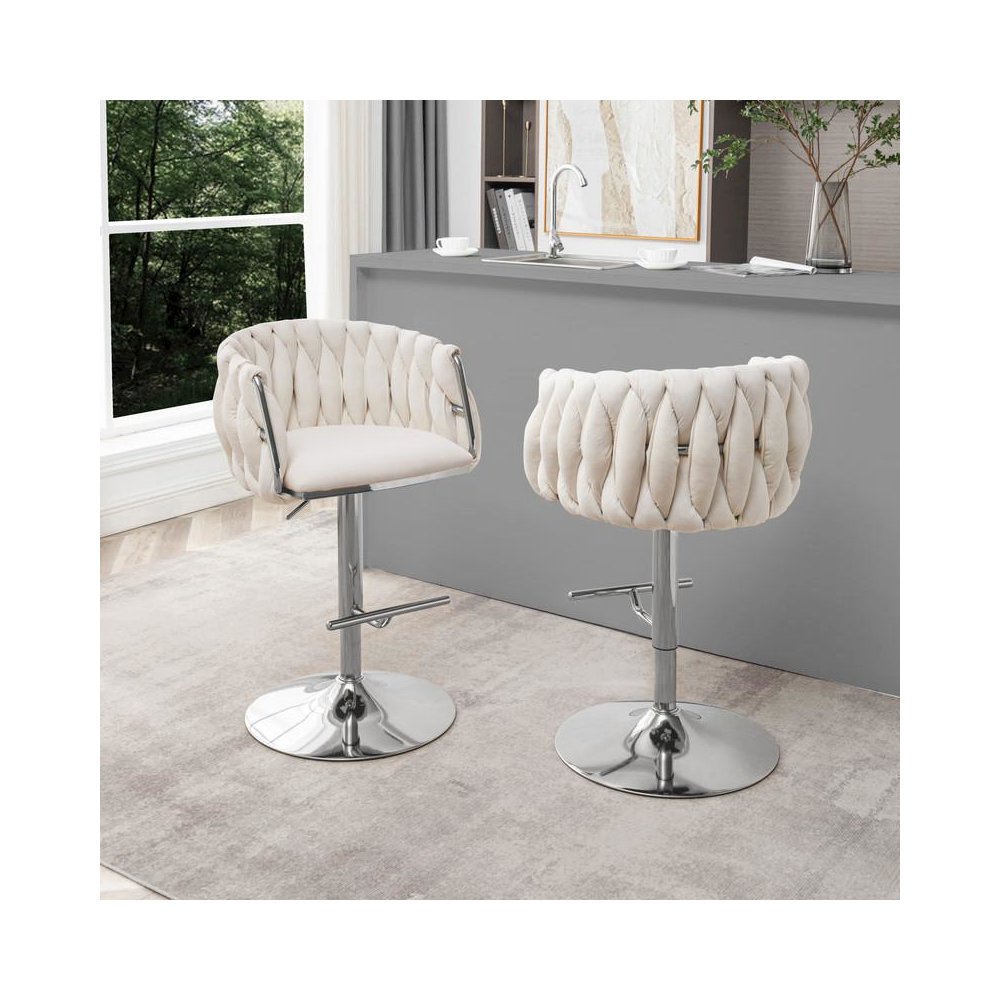 Velvet Upholstered barstool in Cream with Silver color base (SET OF 2). Picture 3