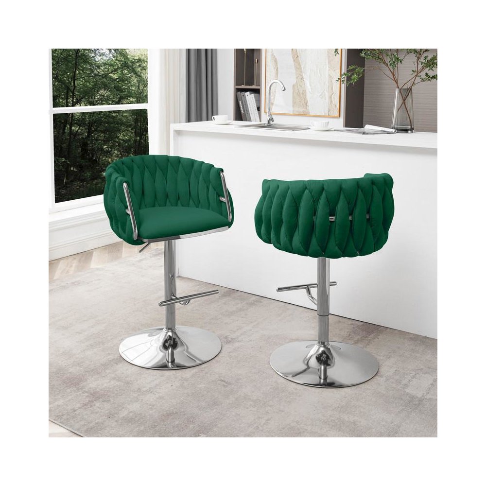 Velvet Upholstered barstool in Emerald green with Silver color base (SET OF 2). Picture 3