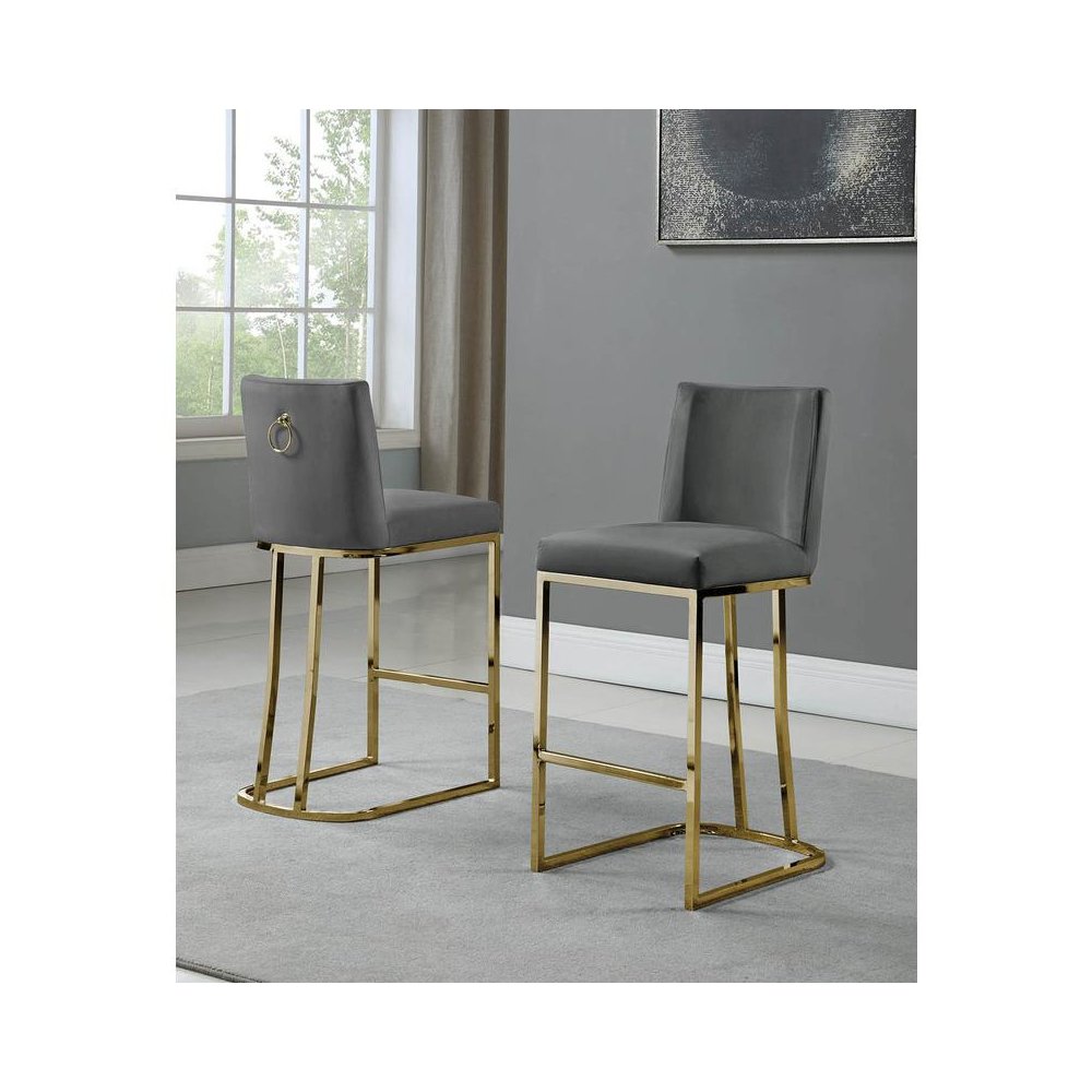 24" Velvet Counter Stool, Dark Grey, Chrome Gold Base (Set of 2). Picture 2