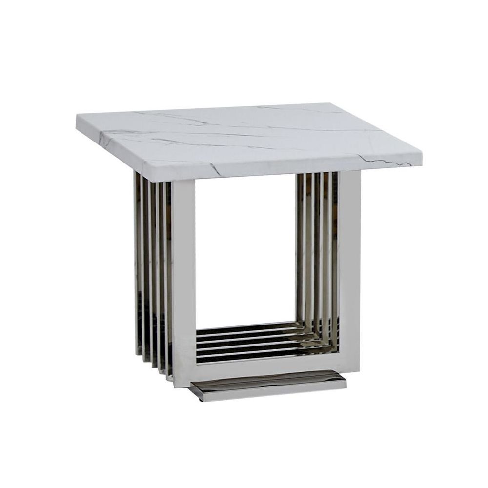 White marble top end table with a silver color stainless steel base. Picture 1