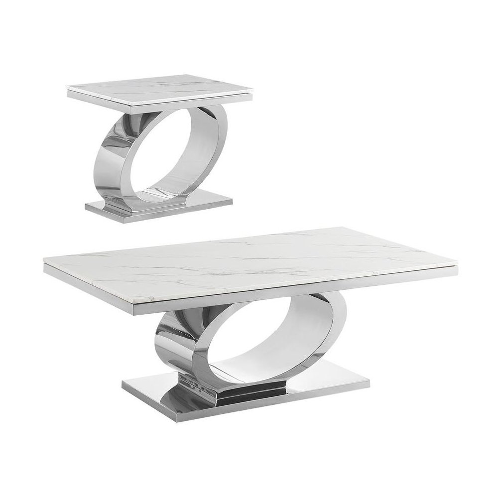 2pc White marble coffee table set with silver base (1 Coffee+ 1 End table). Picture 1