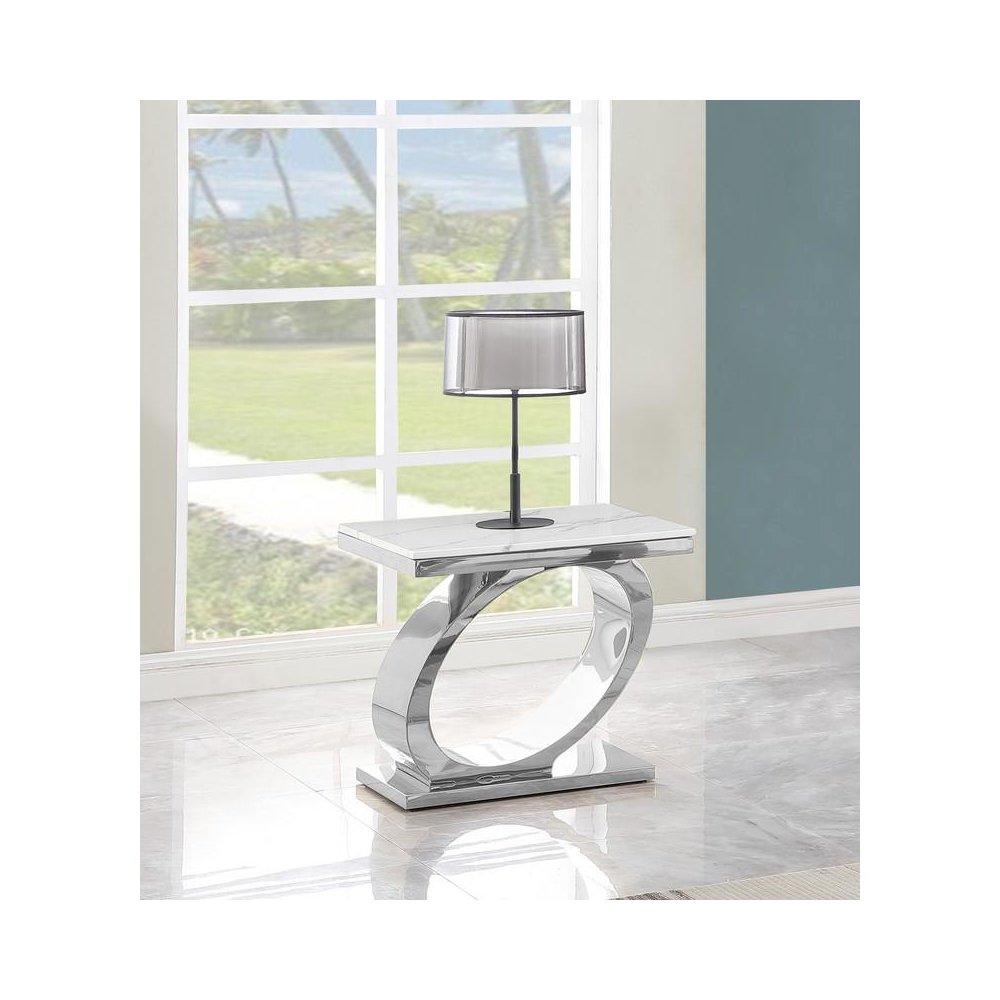 White marble top end table with silver base. Picture 2