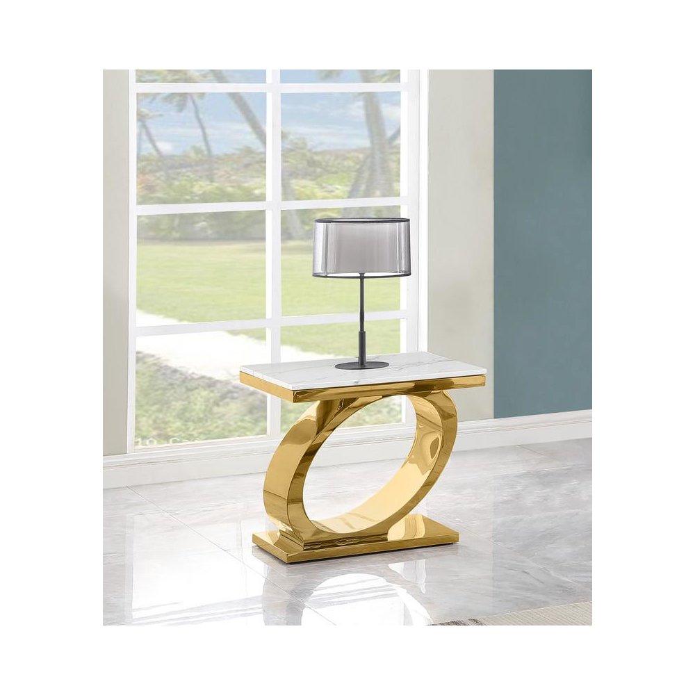 White marble top end table with gold color base. Picture 2
