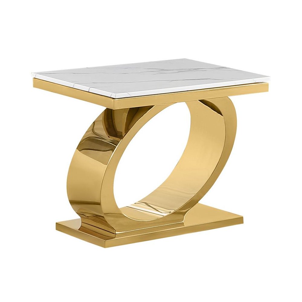 White marble top end table with gold color base. Picture 1