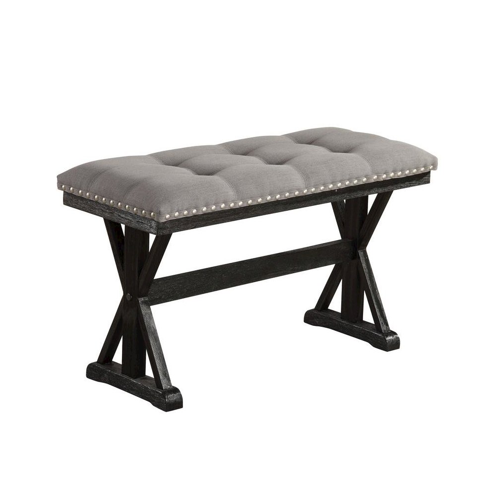 Counter height dining bench with grey linen fabric and light espresso base. Picture 1