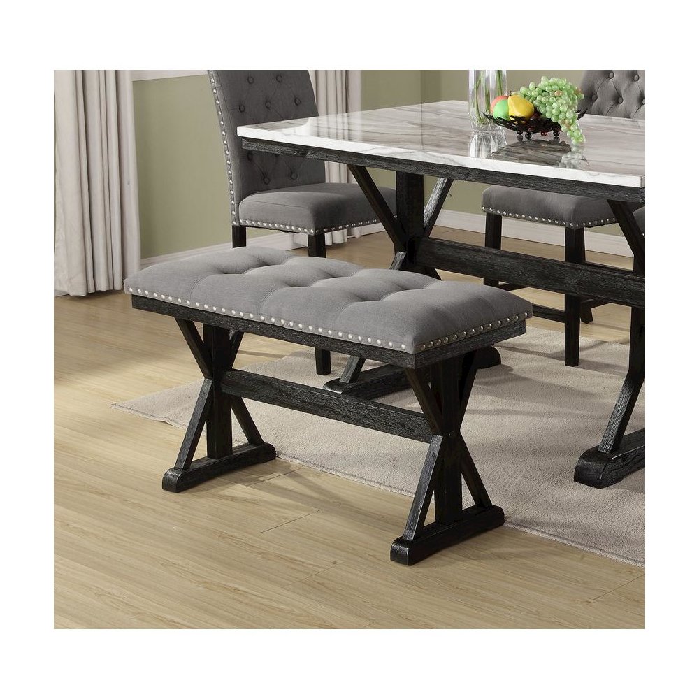 Counter height dining bench with grey linen fabric and light espresso base. Picture 2