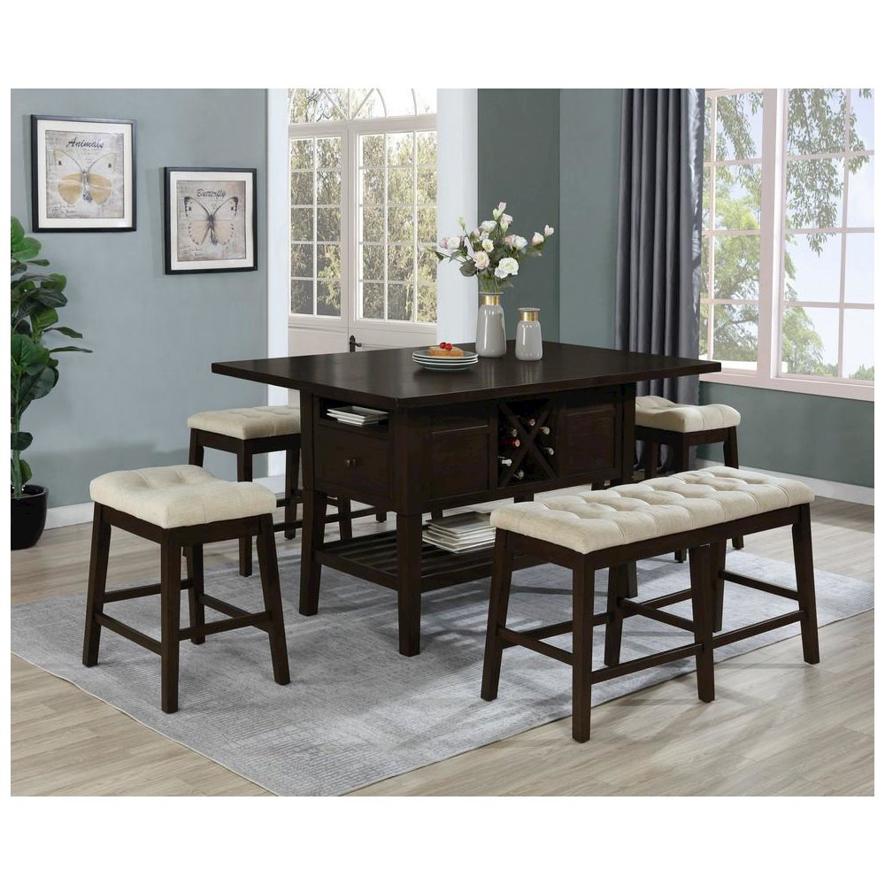5 Piece Counter Height Dining Set, Cappuccino color with counter high bench. Picture 1
