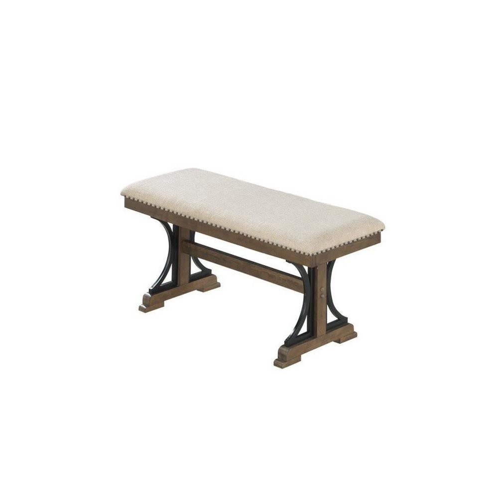 Upholstered Dining bench in Brown oak and beige fabric. Picture 1