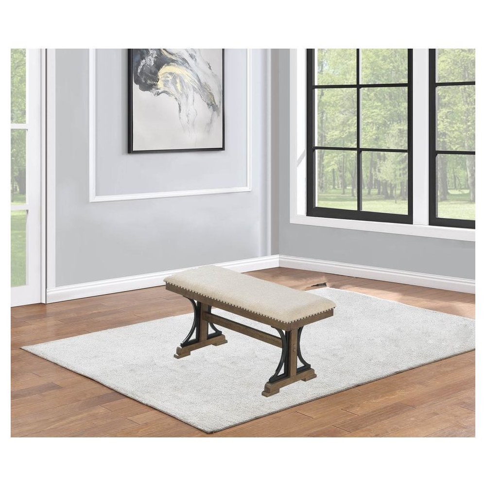Upholstered Dining bench in Brown oak and beige fabric. Picture 2