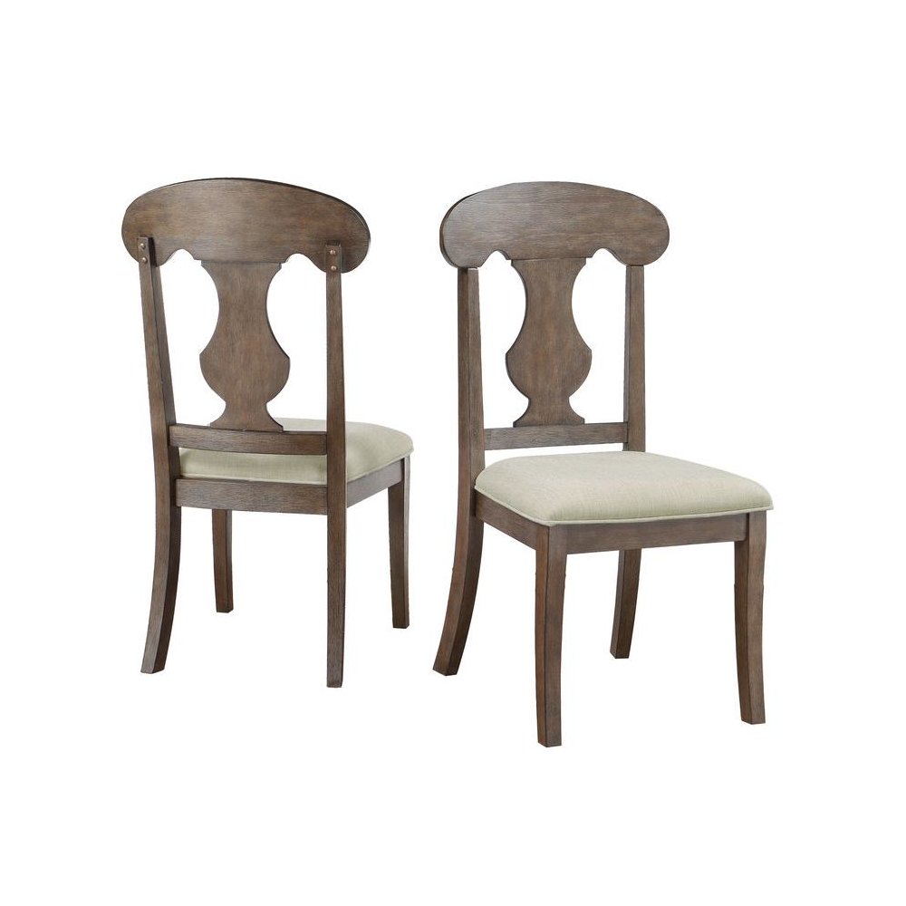 Rustic oak color wood dining chair with Beige linen fabric seats, SET OF 2. Picture 1