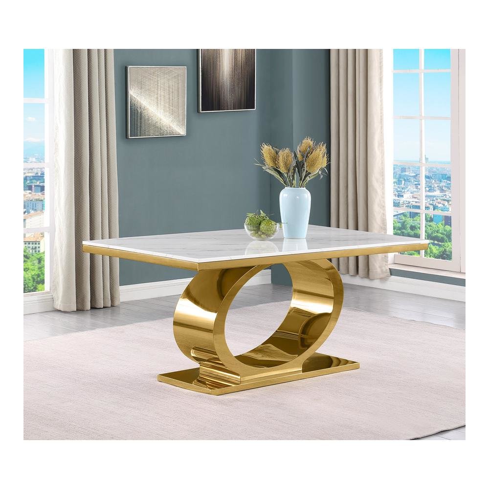 Small 68" Rectangular marble top dining table with a gold color base. Picture 3