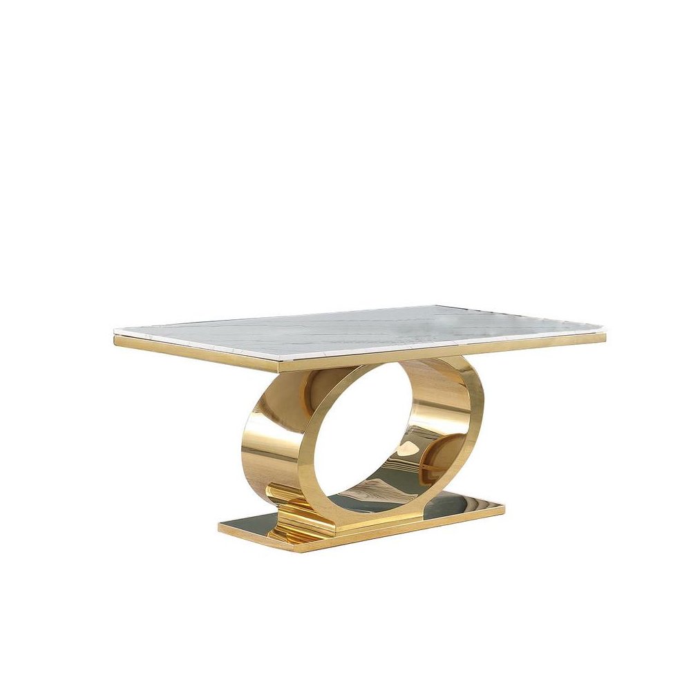 Small 68" Rectangular marble top dining table with a gold color base. Picture 1