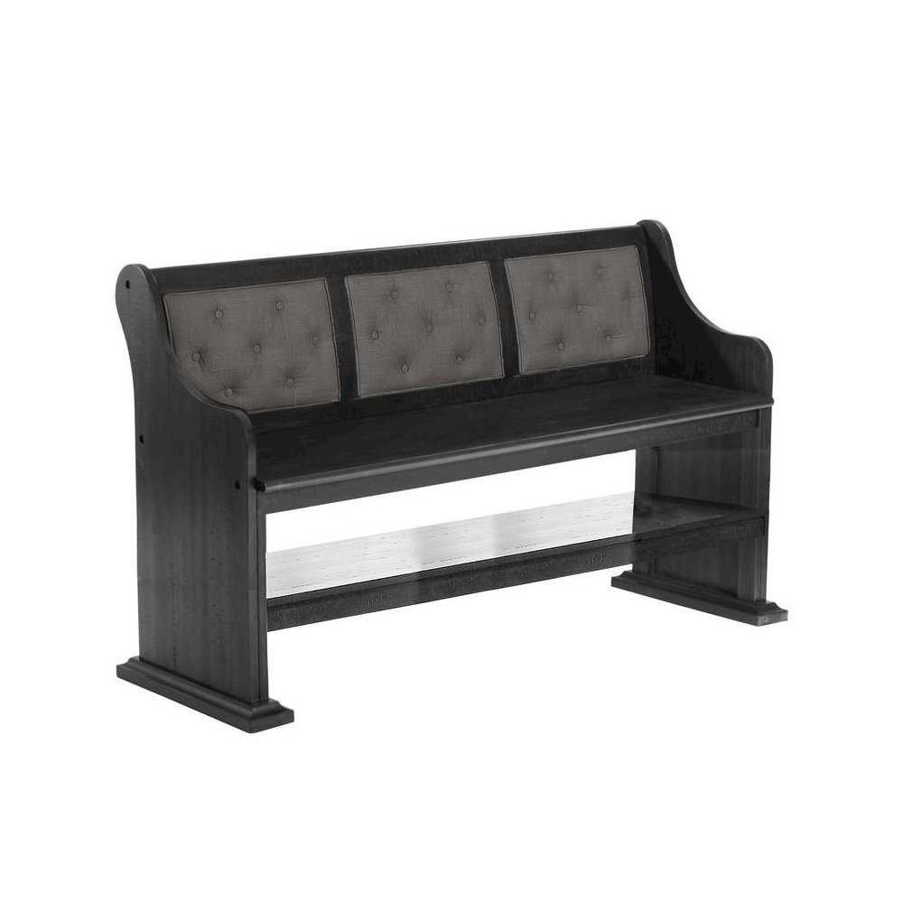 Counter height dining bench with dark grey linen fabric. Picture 1