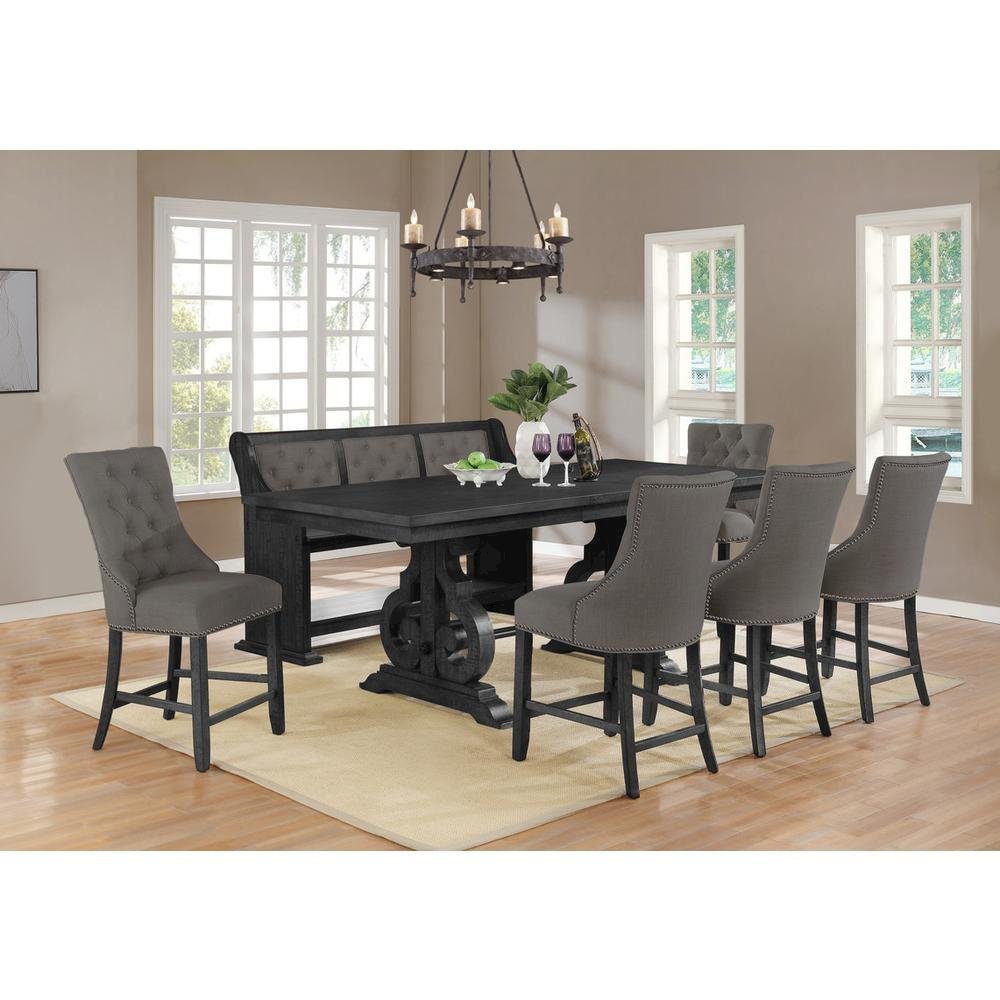 Counter height dining bench with dark grey linen fabric. Picture 2