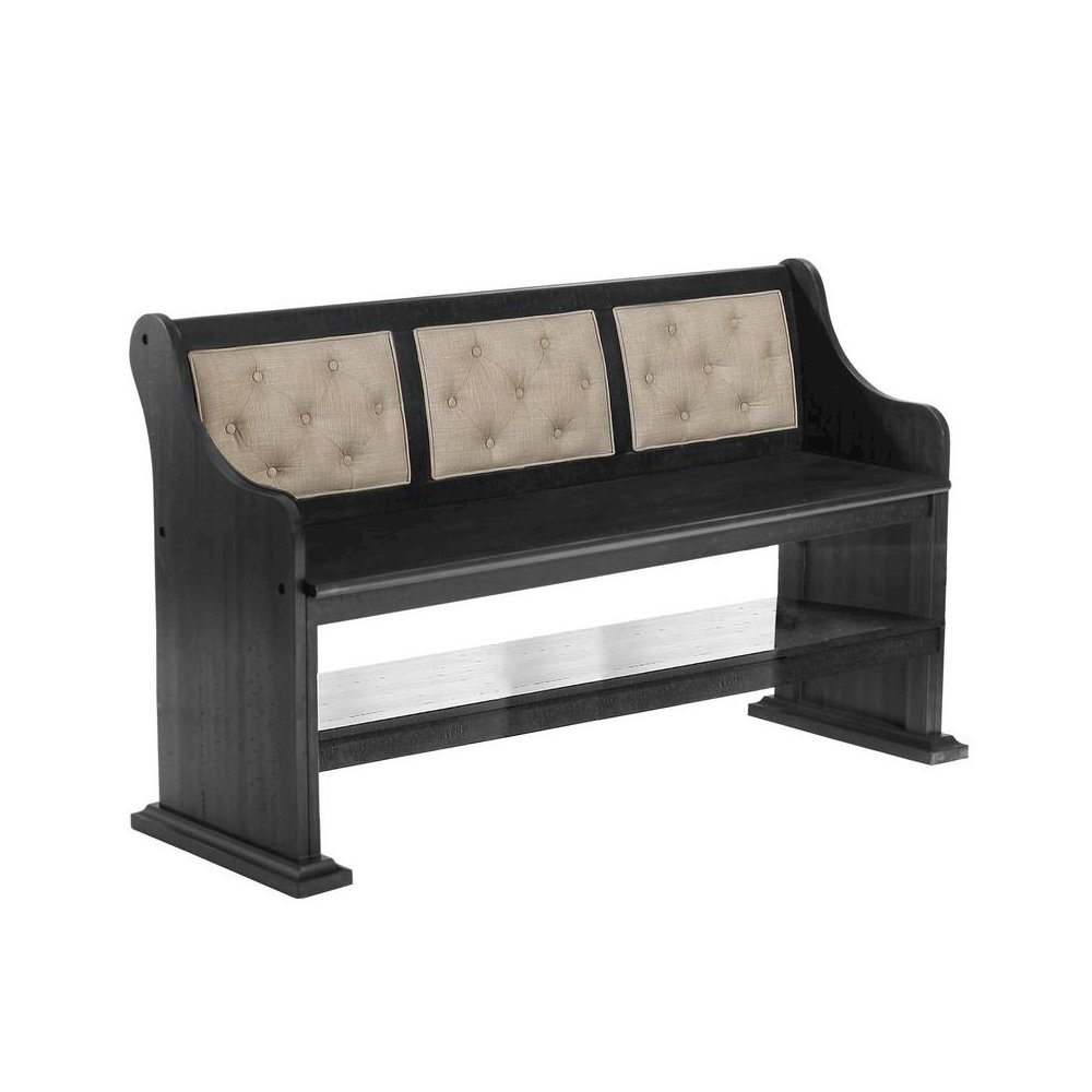 Counter height dining bench with beige linen fabric. Picture 1