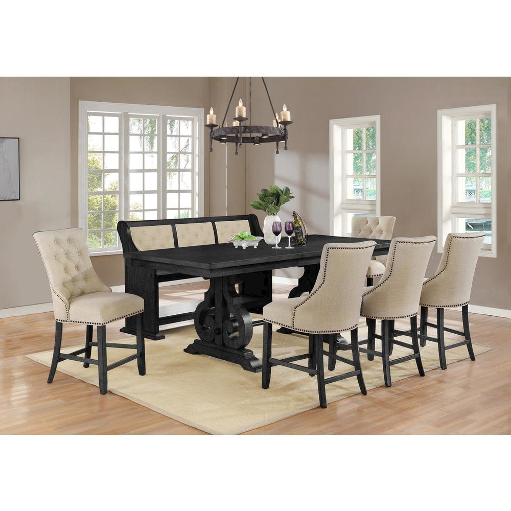 Counter height dining bench with beige linen fabric. Picture 2