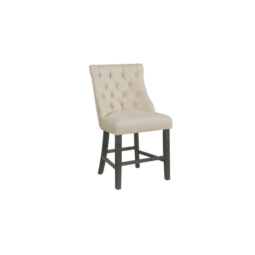 Counter height dining chairs in beige linen fabric with tufted buttons. Picture 1
