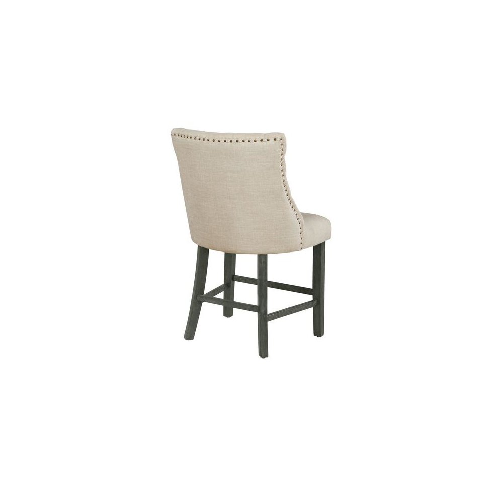 Counter height dining chairs in beige linen fabric with tufted buttons. Picture 2