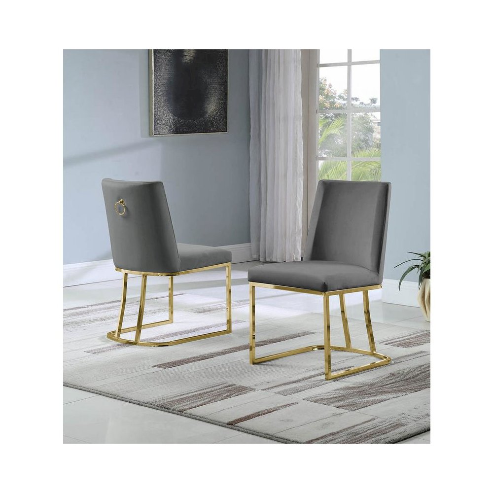 Velvet Upholstered Side Chair, Gold Color Legs, 4 Colors to Choose (Set of 2) - Dark Grey. Picture 2
