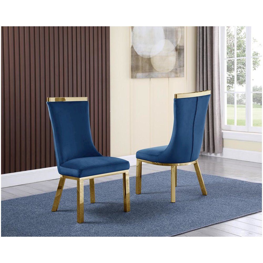 Upholstered dining chairs set of 2 in Navy blue velvet fabric, gold colored stainless steel base. Picture 1