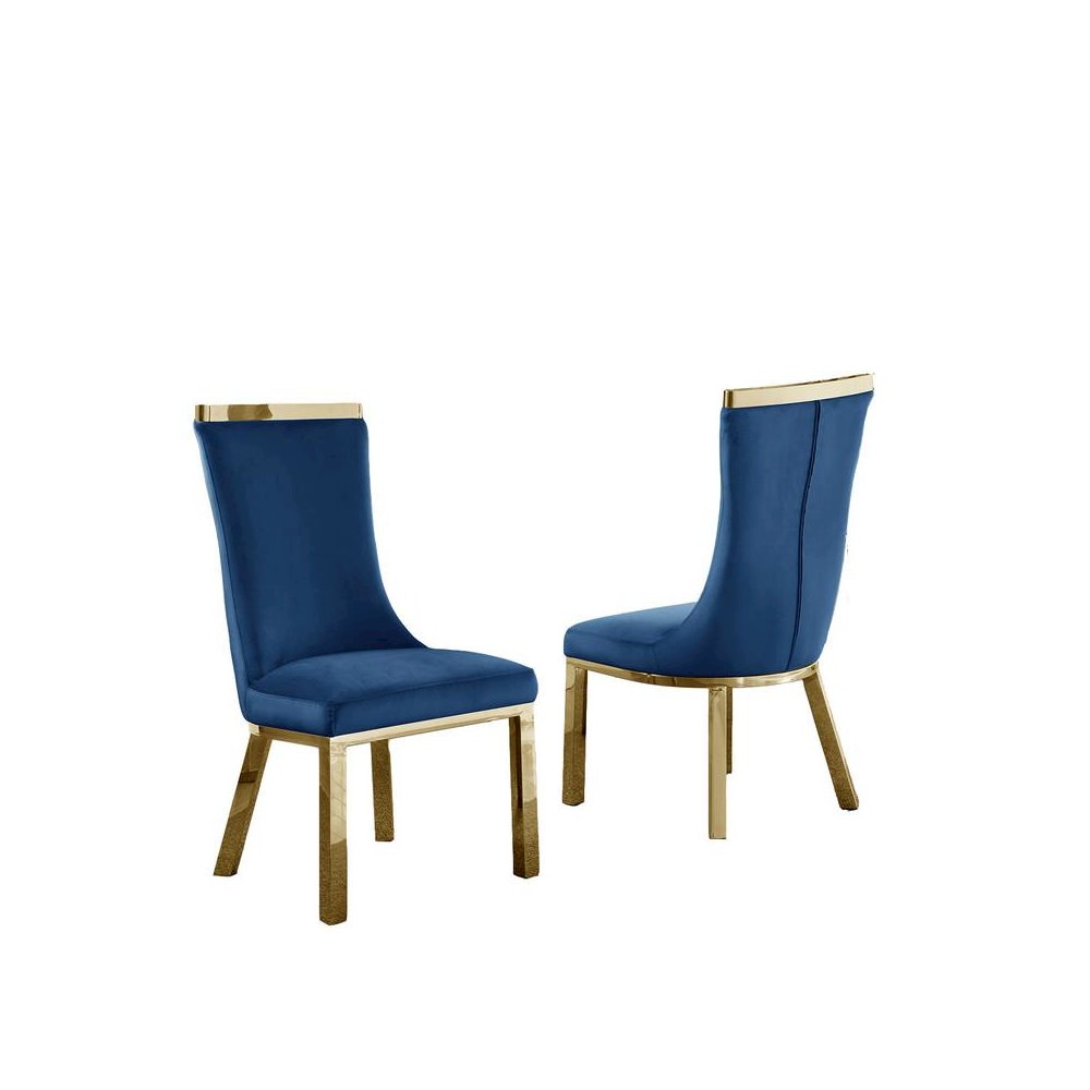 Upholstered dining chairs set of 2 in Navy blue velvet fabric, gold colored stainless steel base. Picture 3