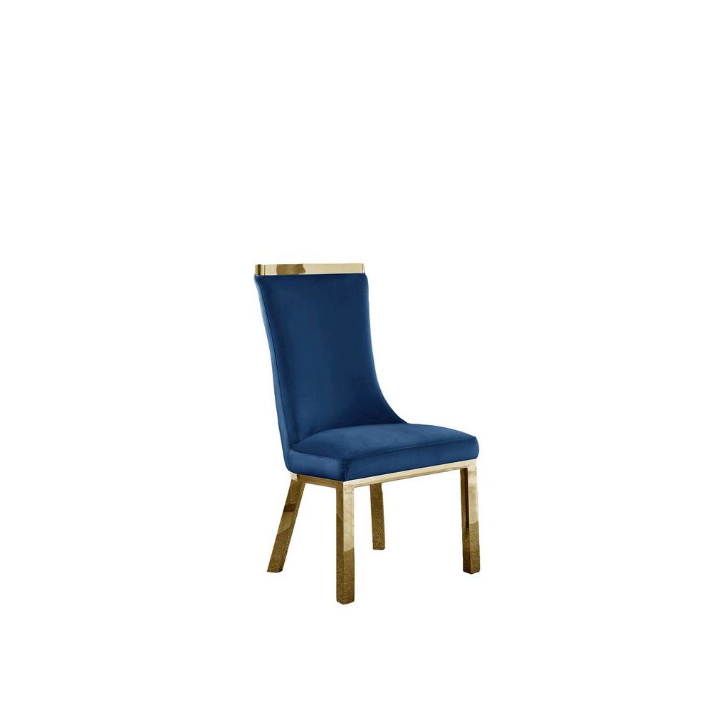 Upholstered dining chairs set of 2 in Navy blue velvet fabric, gold colored stainless steel base. Picture 2