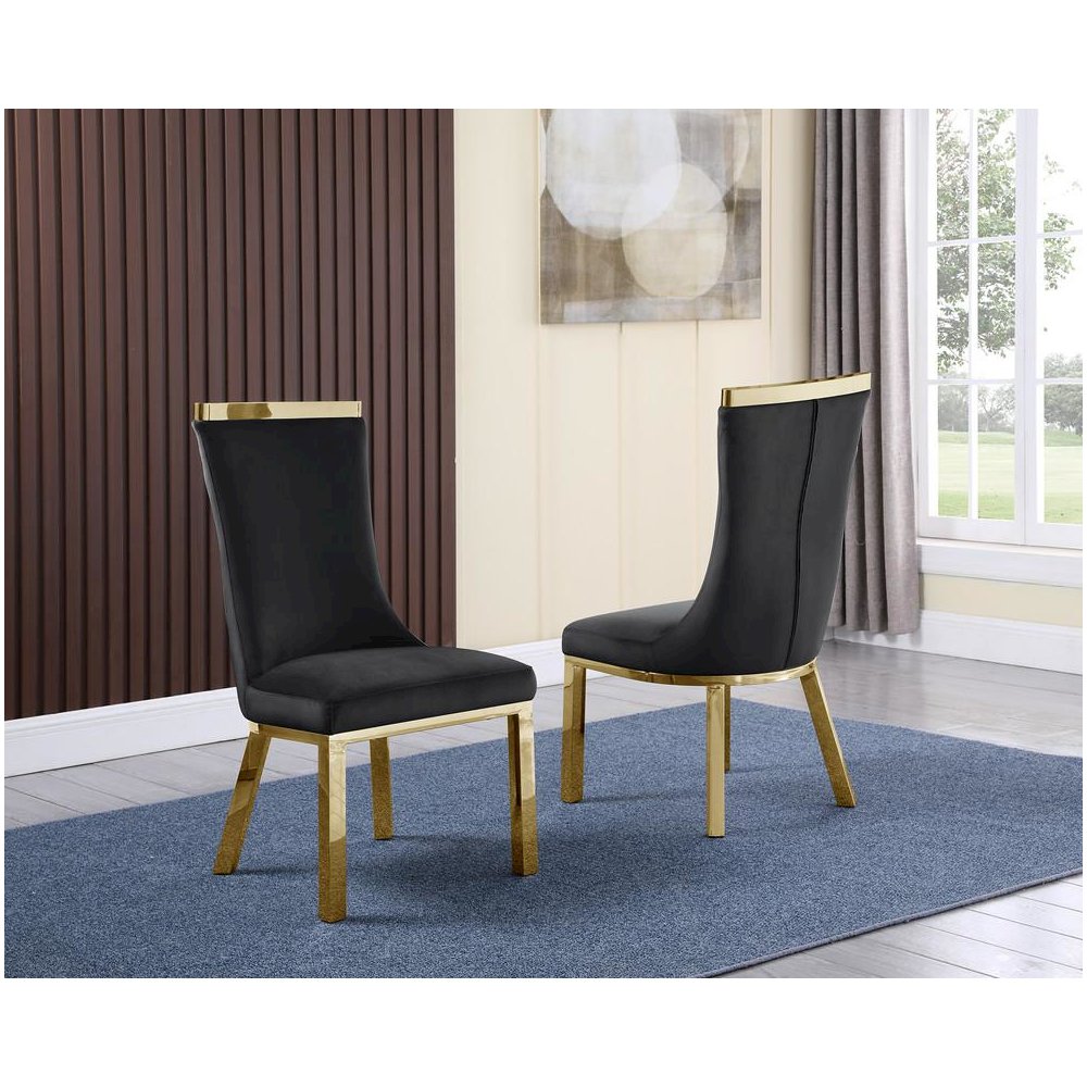 Upholstered dining chairs set of 2 in Black velvet fabric with gold colored stainless steel base. Picture 1