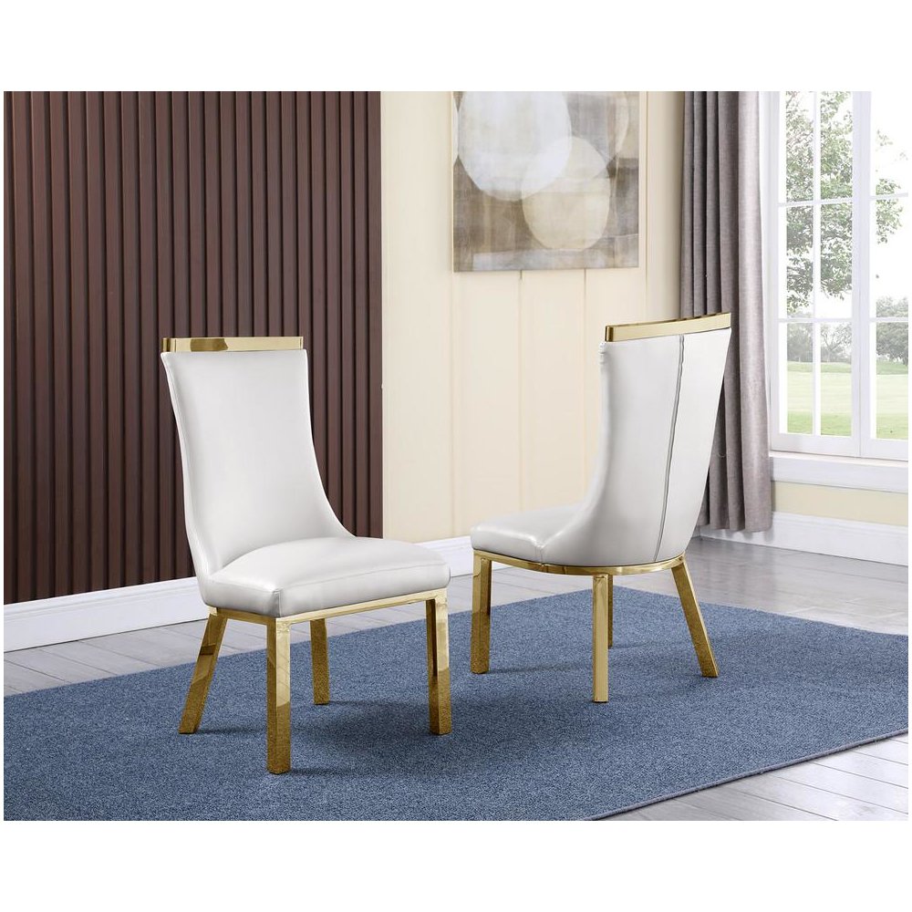 Upholstered dining chairs set of 2 in White faux leather with gold colored stainless steel base. Picture 1