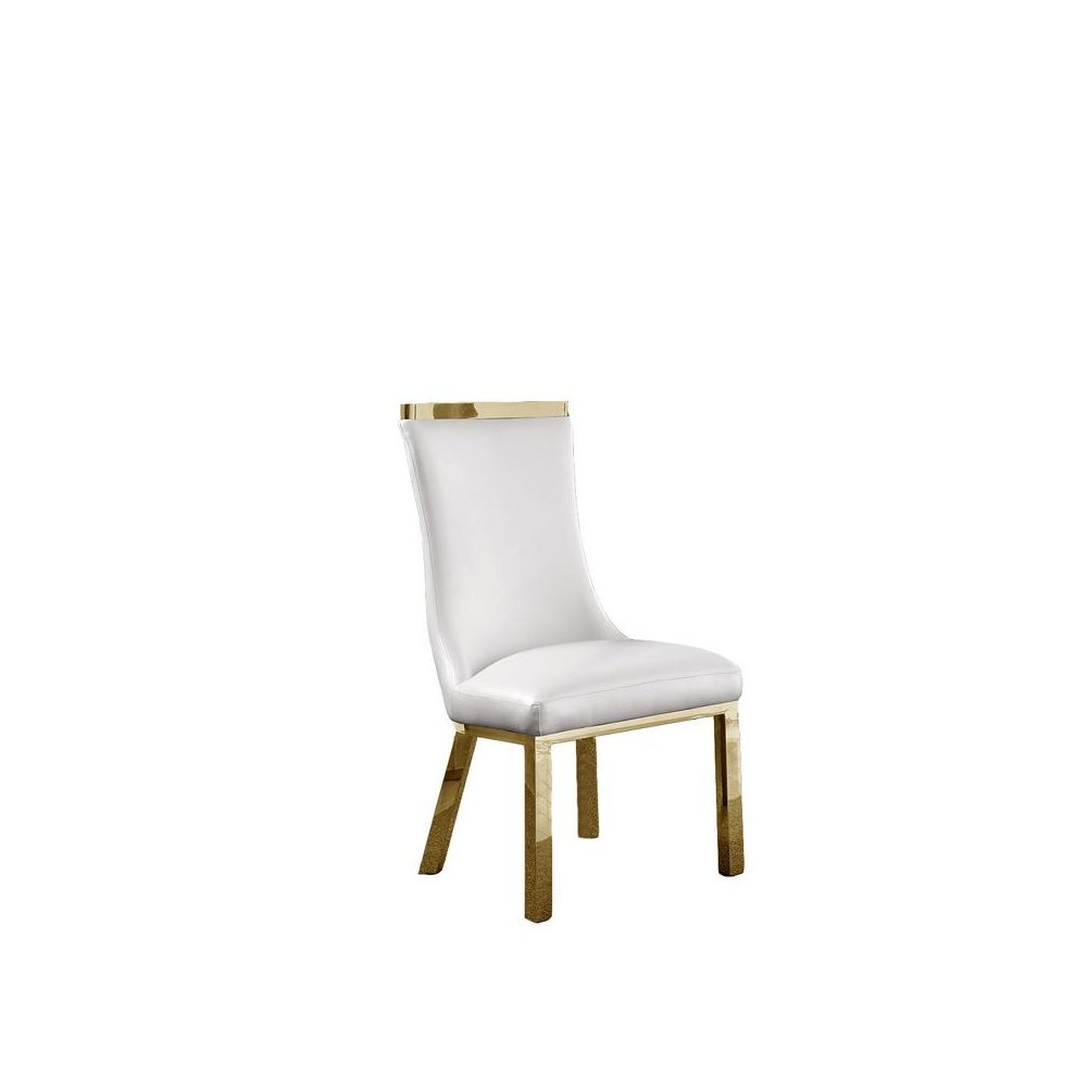 Upholstered dining chairs set of 2 in White faux leather with gold colored stainless steel base. Picture 2