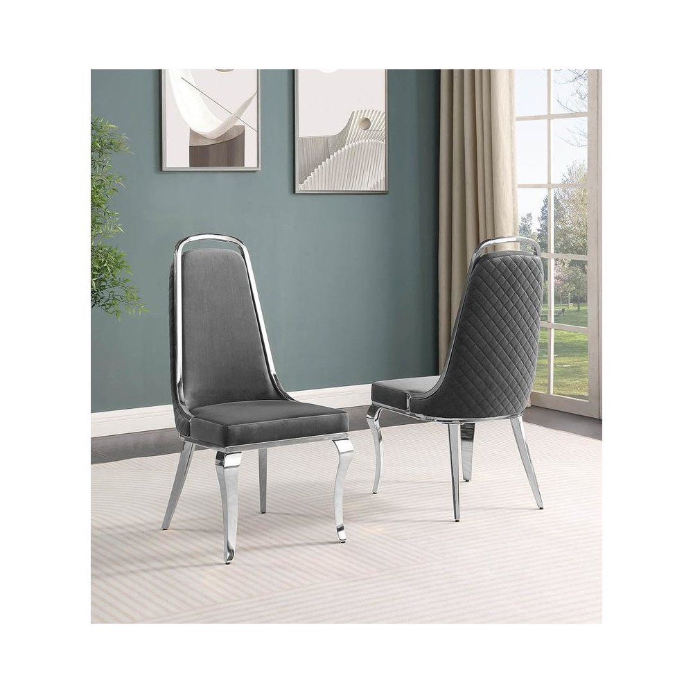 Dark Grey velvet high back chair with silver chrome trim, set of 2. Picture 2