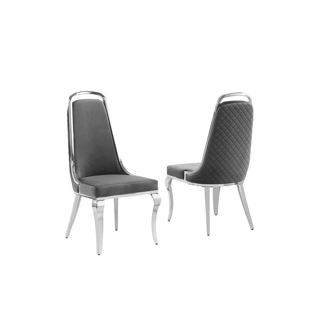Dark Grey velvet high back chair with silver chrome trim, set of 2. Picture 1