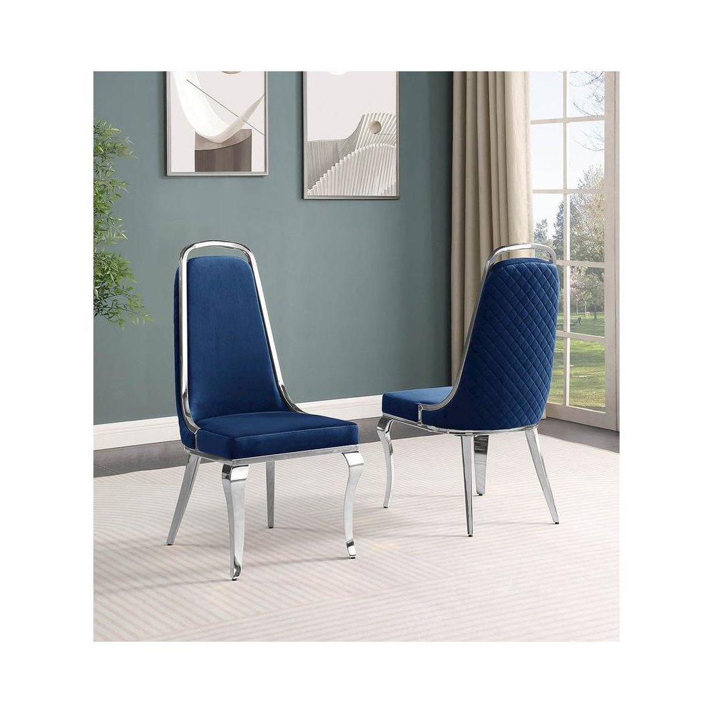 Navy blue velvet high back chair with silver chrome trim, set of 2. Picture 2