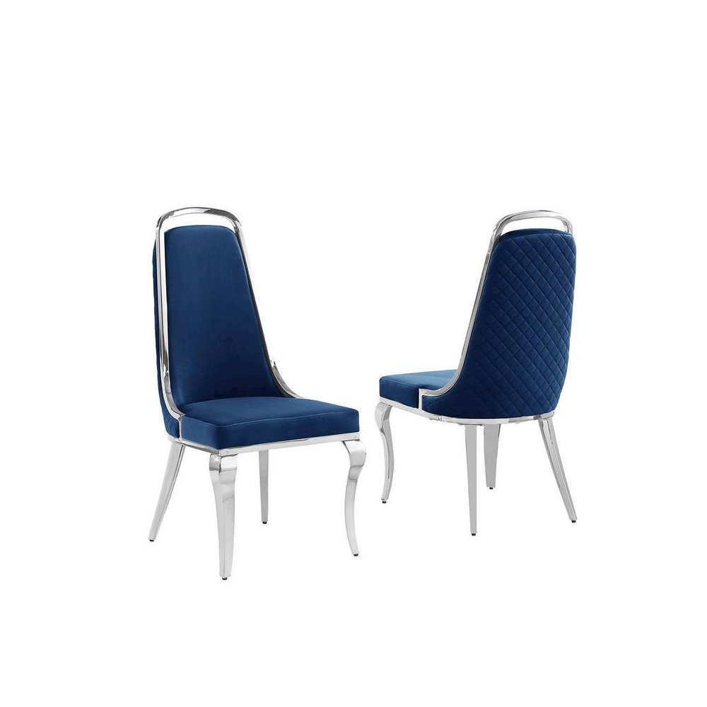 Navy blue velvet high back chair with silver chrome trim, set of 2. Picture 1