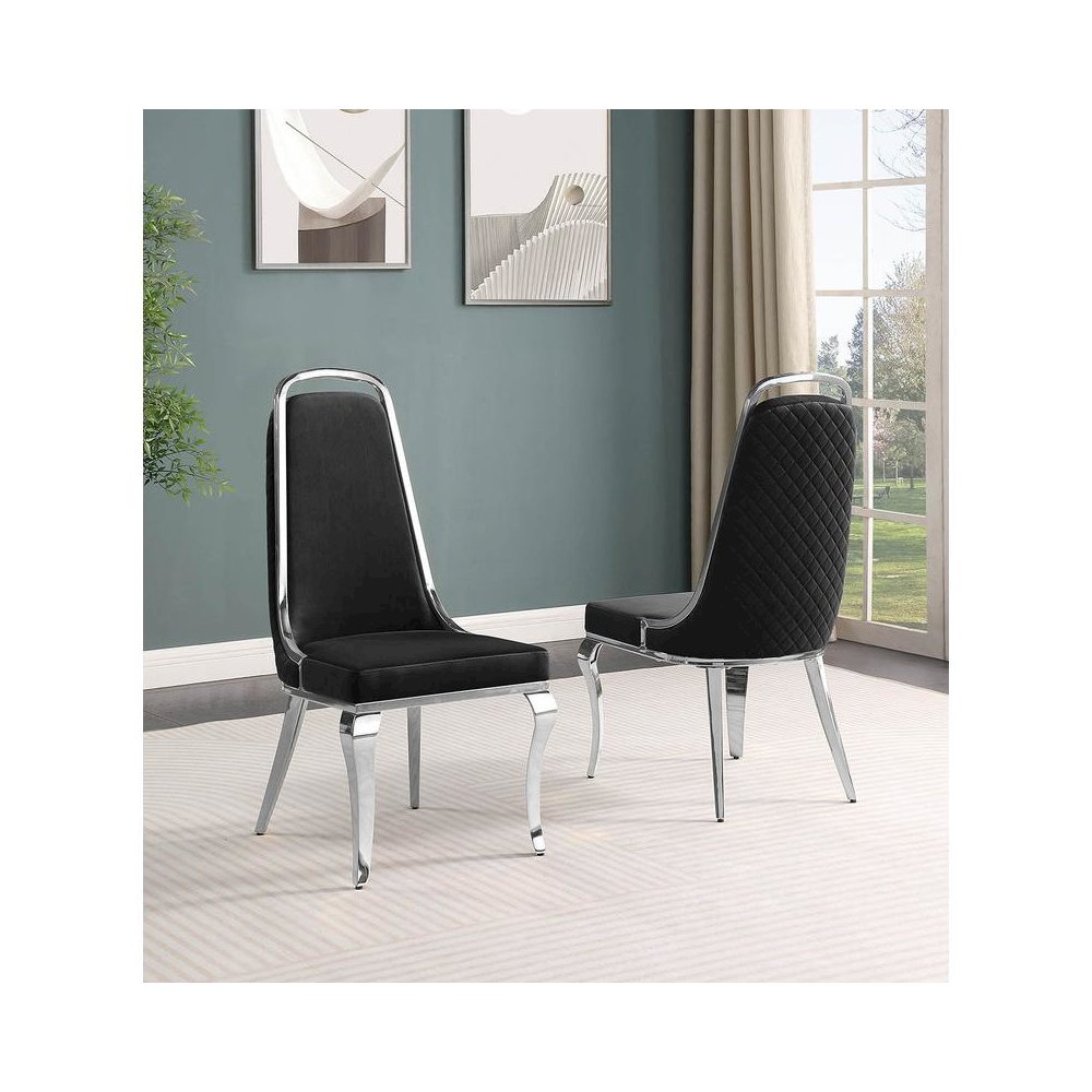 Black velvet high back chair with silver chrome trim, set of 2. Picture 2