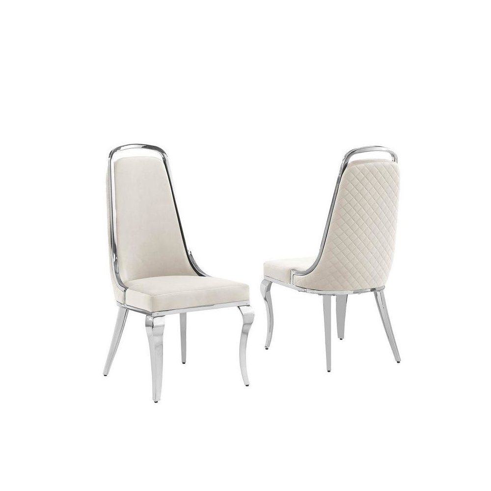 Cream velvet high back chair with silver chrome trim, set of 2. Picture 1