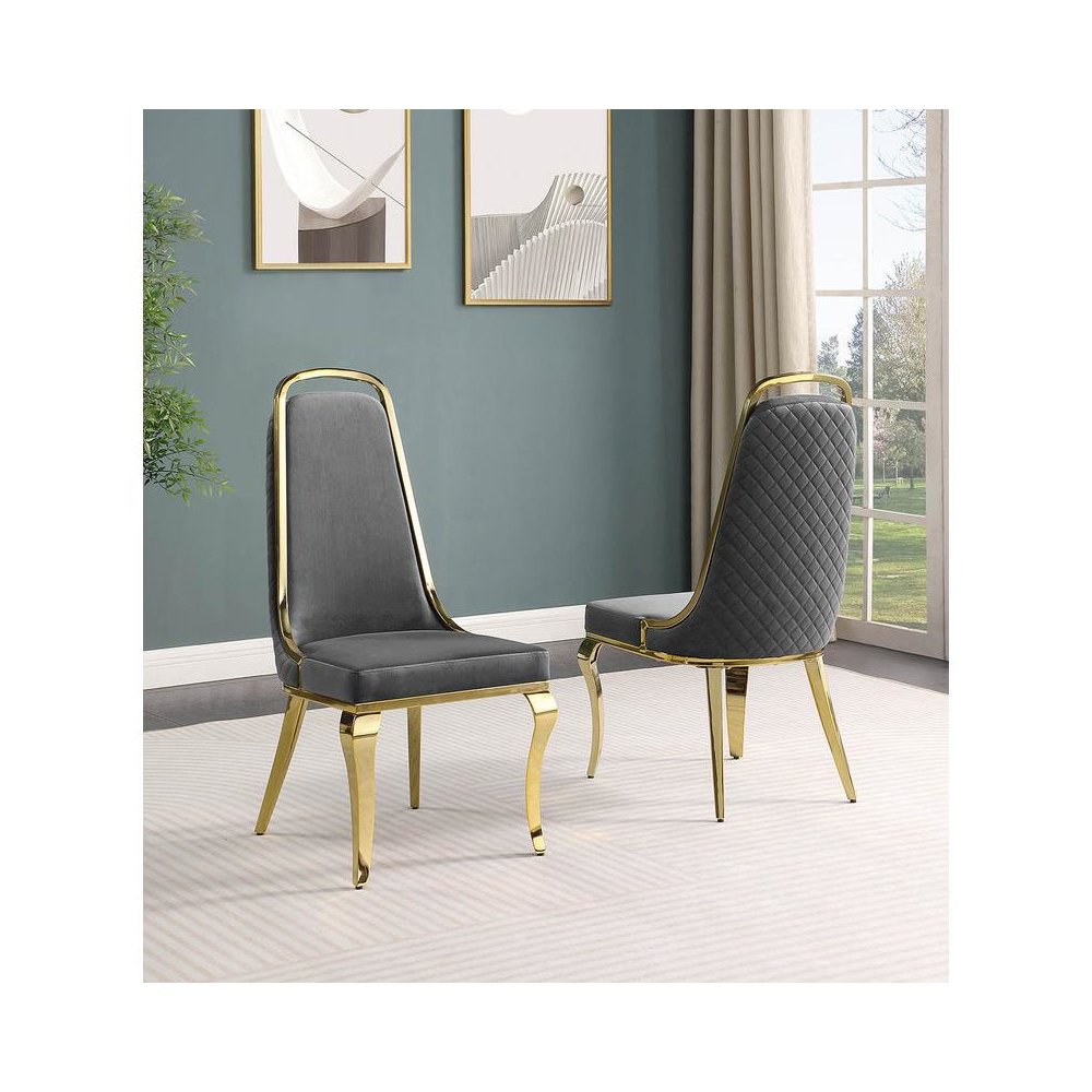 Dark Grey velvet high back chair with gold chrome trim, set of 2. Picture 2