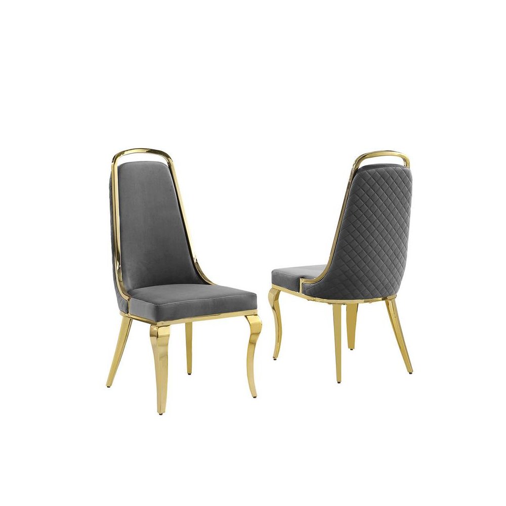 Dark Grey velvet high back chair with gold chrome trim, set of 2. Picture 1