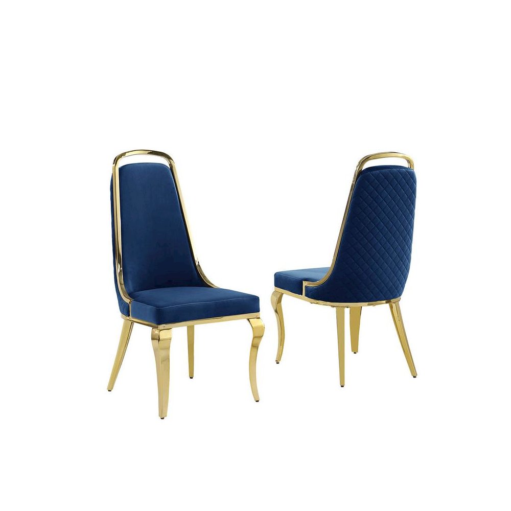 Navy blue velvet high back chair with gold chrome trim, set of 2. Picture 1