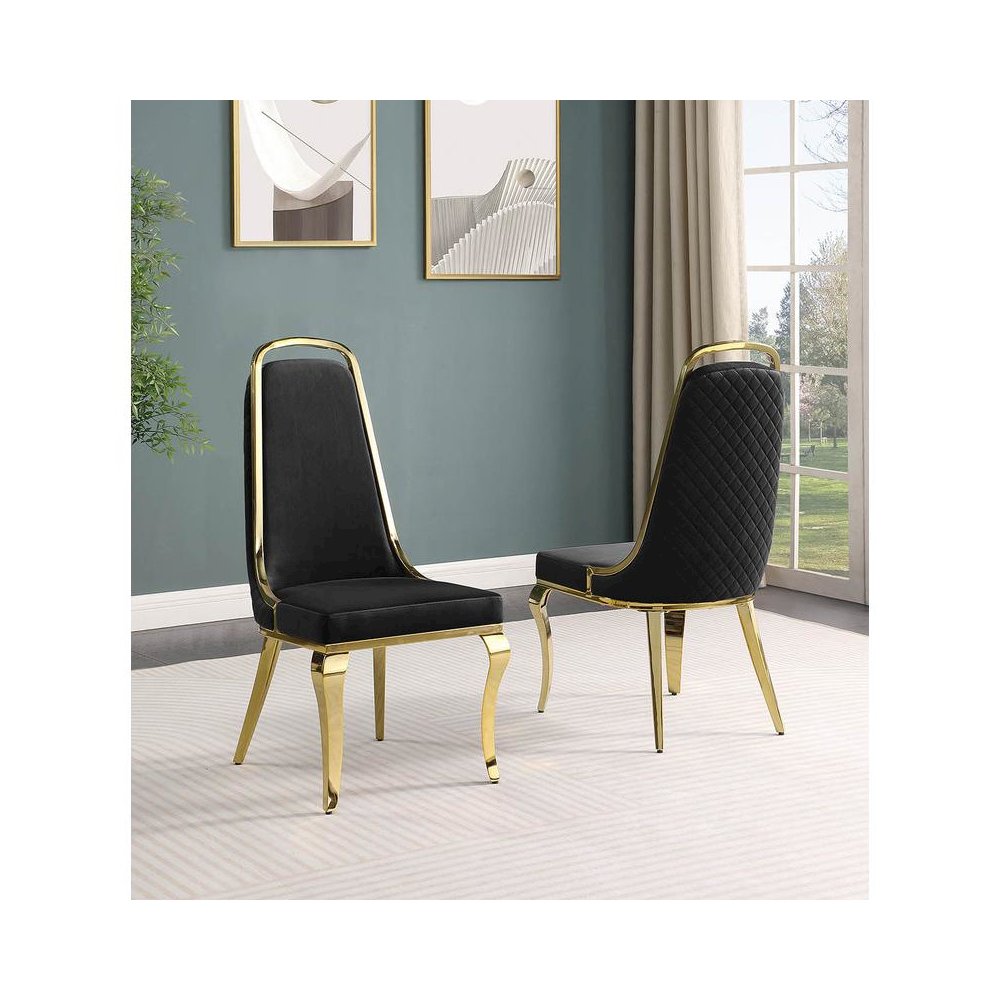 Black velvet high back chair with gold chrome trim, set of 2. Picture 2