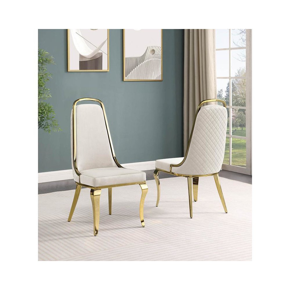 Cream velvet high back chair with gold chrome trim, set of 2. Picture 2