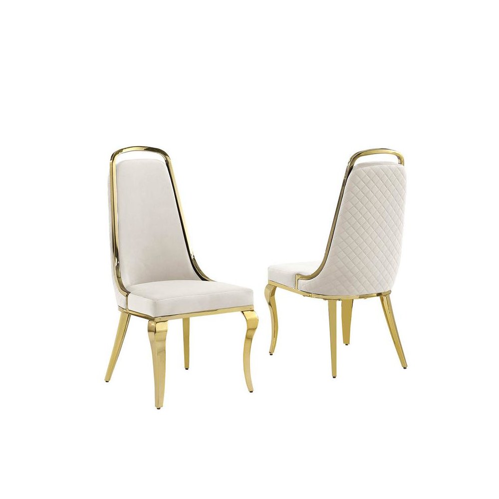 Cream velvet high back chair with gold chrome trim, set of 2. Picture 1