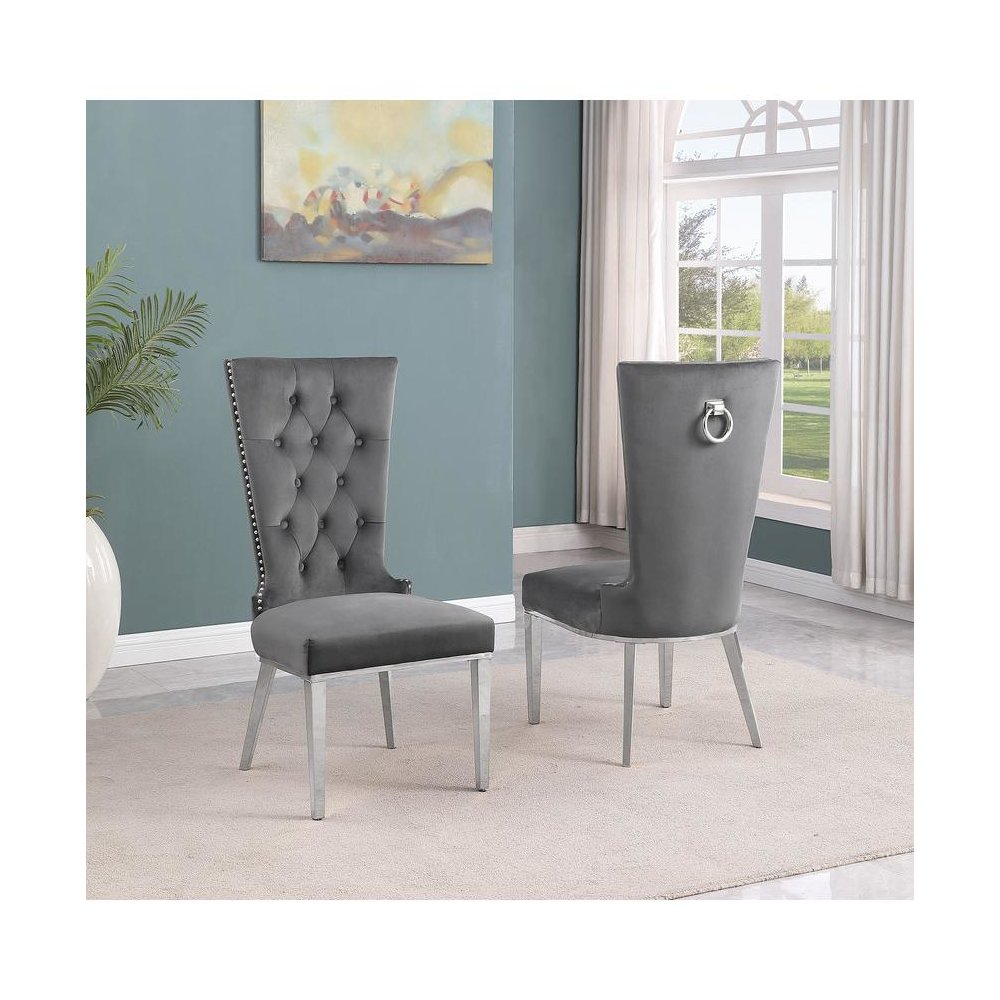 Dark Gray velvet side chair with silver stainless steel base (SET OF 2). Picture 2