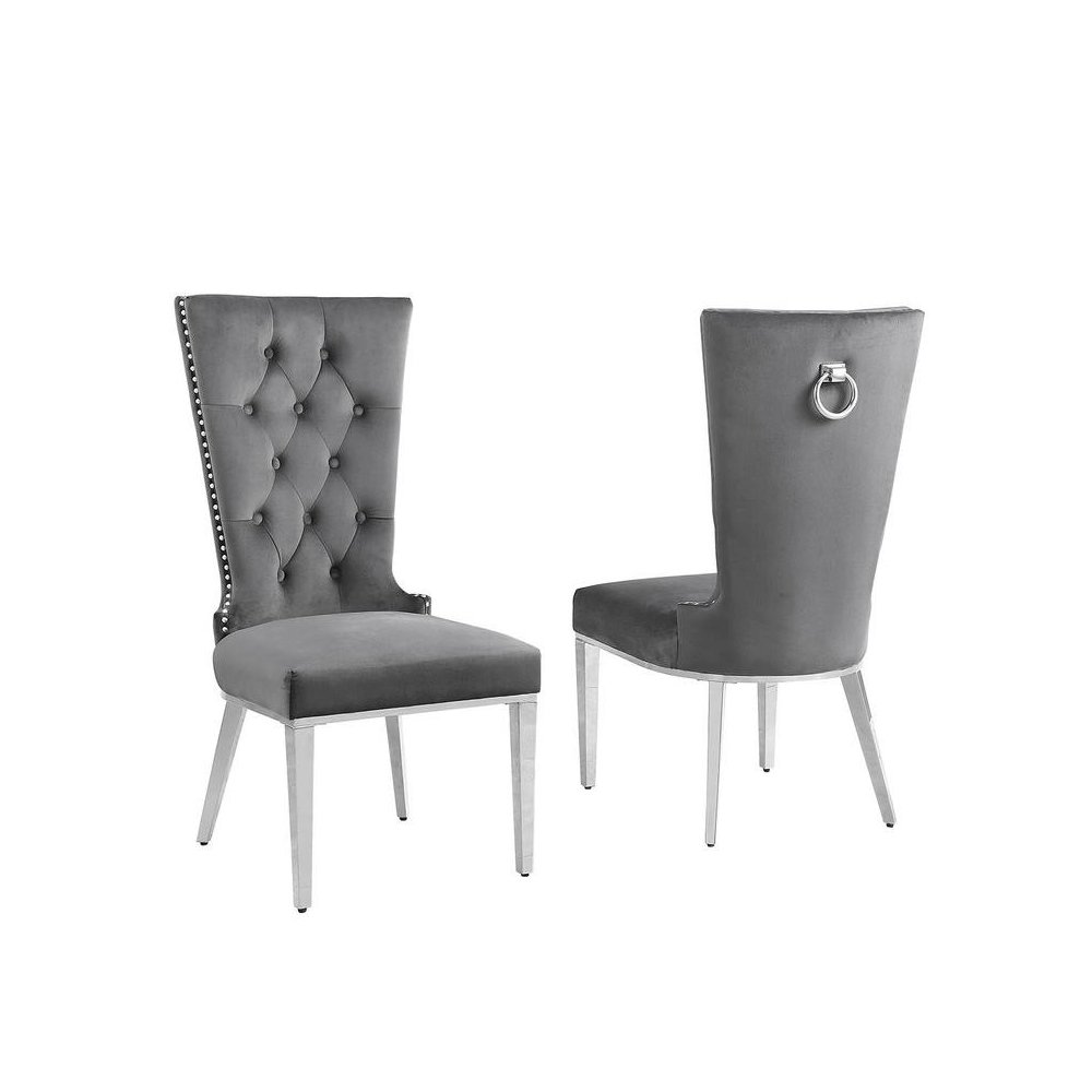Dark Gray velvet side chair with silver stainless steel base (SET OF 2). Picture 1