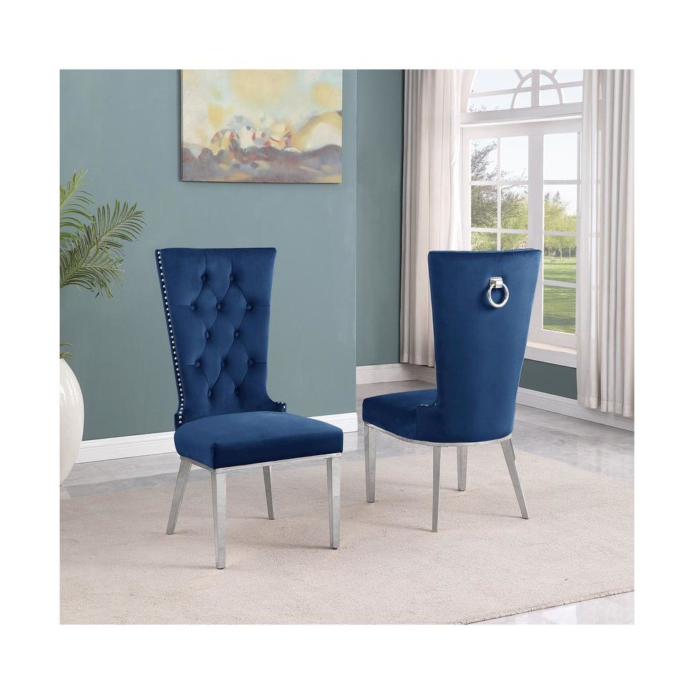 Navy Blue velvet side chair with silver stainless steel base (SET OF 2). Picture 2
